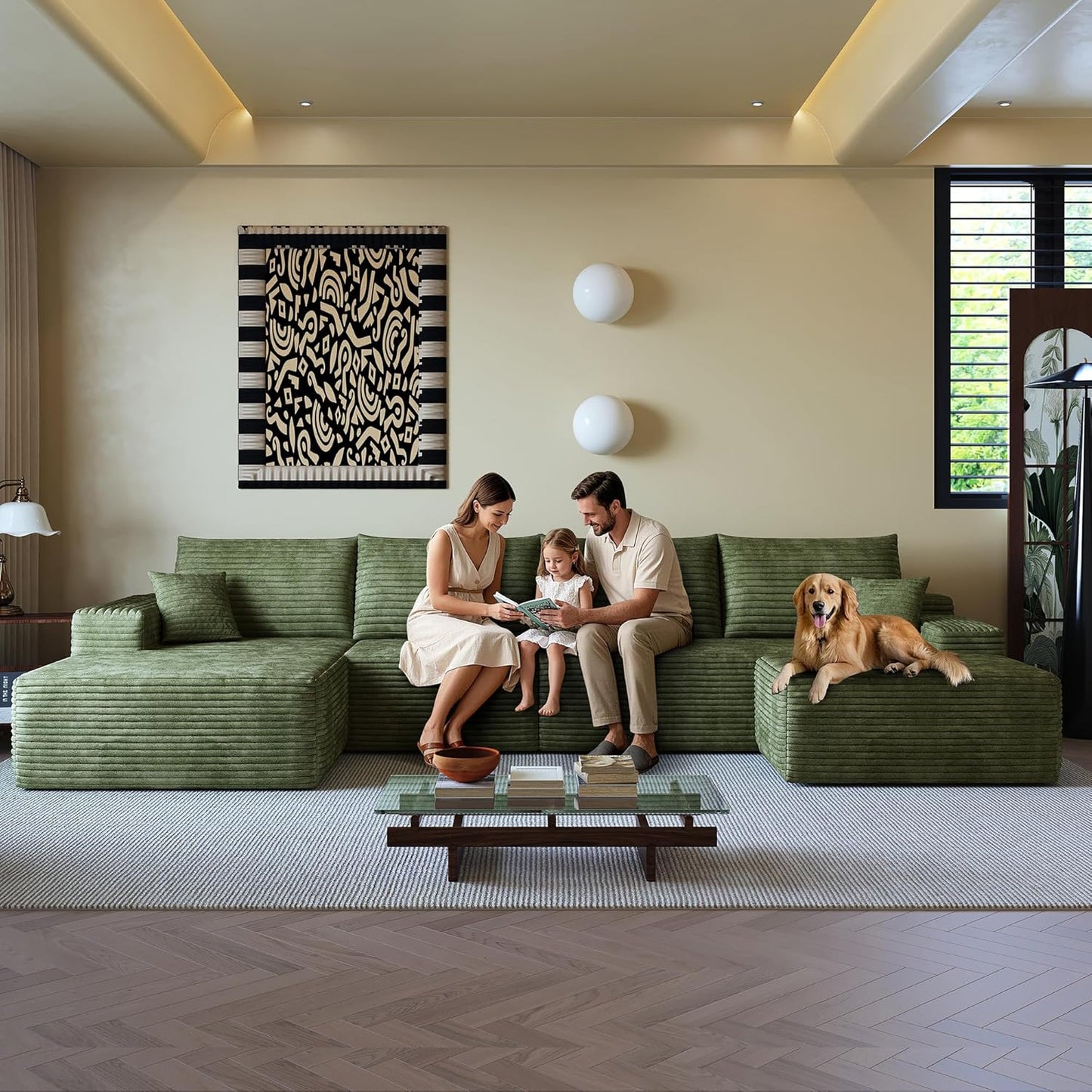 108" Sectional Couches for Living Room Modern Modular Sofa with L-Shape Couchs Upholstered Boneless Couch Deep Seat Sectional Couch with Chaise (Green, Left Facing Chaise+3Seaters+Ottoman)