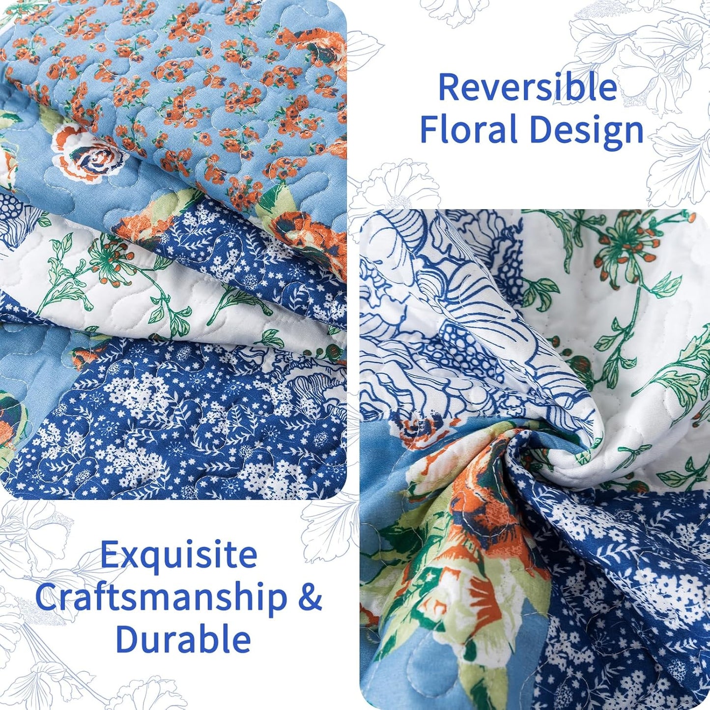 VAPUTAR King Size Quilt Set - Reversible Floral King Size Bedspreads with Wavy Edges - Lightweight Farmhouse King Quilt Bedding Sets for Bed Decorations, 3 Pieces