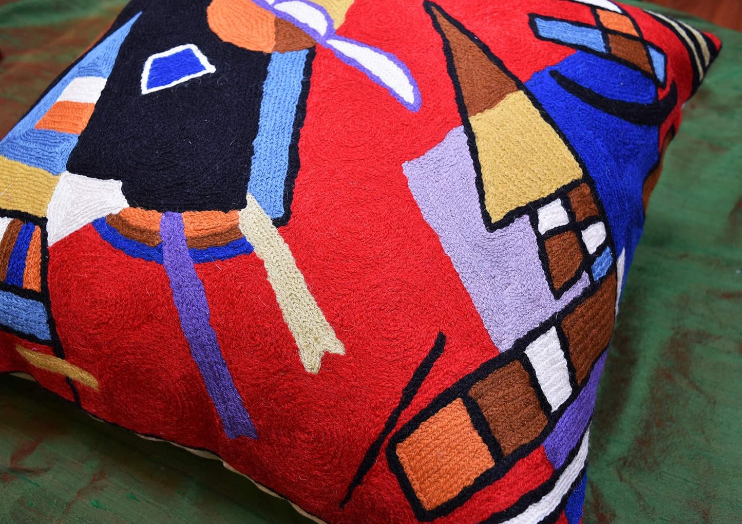 Kandinsky Contemporary Throw Pillow Cover - Bright | Red Modern Pillow Cases | Abstract Accent Pillows | Contemporary Couch Cushions | Hand Embroidered Cushion | Wool Size 18x18