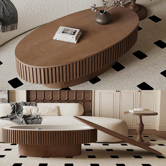 47.2''Oval Coffee Table with Storage, Mid Century Modern Fluted Drum Center Tables with Lid, Solid Wood Side Pedestal Coffee Table Tea Table for Living Room, Bedroom, Apartment-Walnut