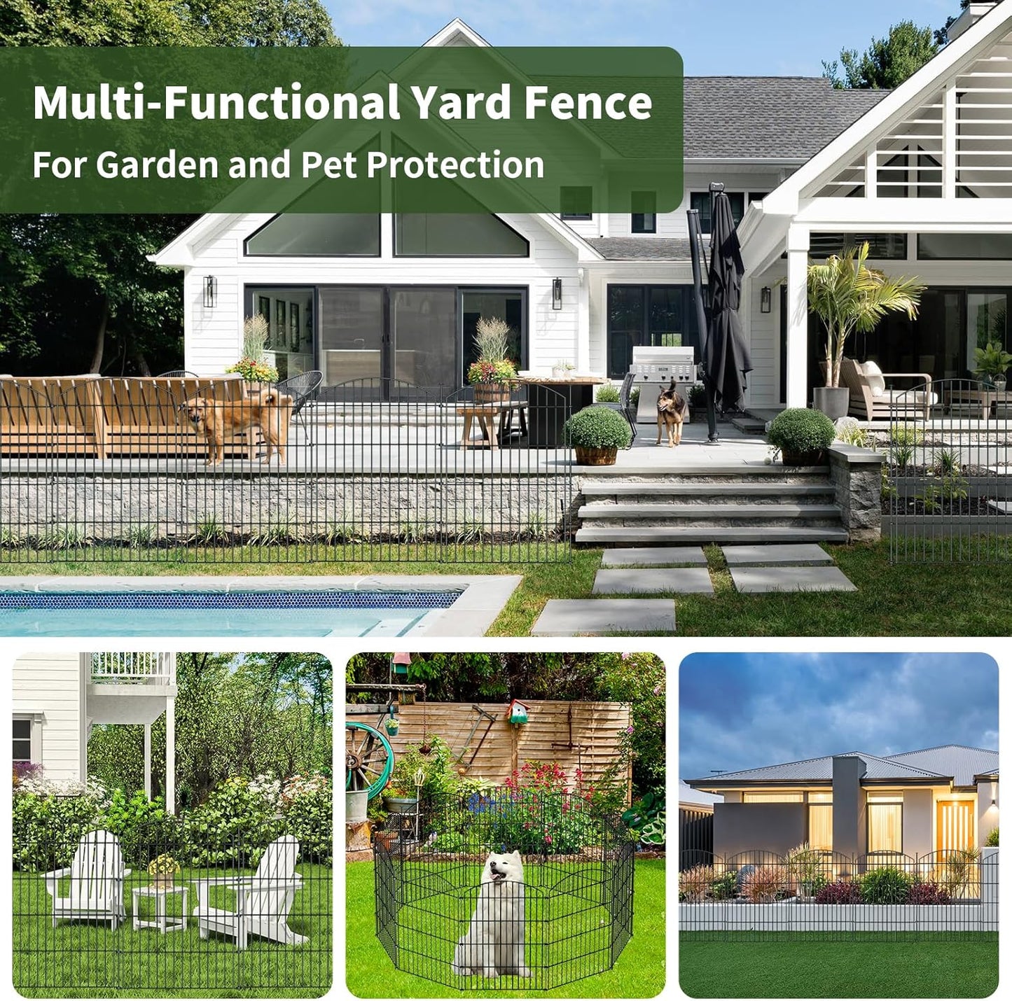 10 Panels Garden Fence Dog Fence Outdoor for Yard, 32in H x 23.6ft L Rustproof Metal Fencing with Ground Stakes | No Dig Animal Proof Containment for Pets/Rabbits | Durable Patio Security Panels
