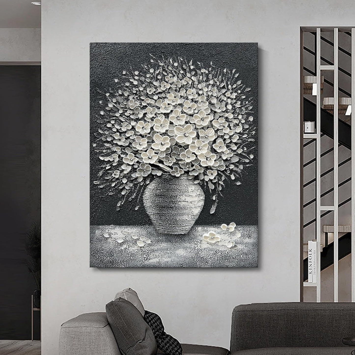 Epicler art Hand-painted abstract white flower art oil painting, 40x28 inch canvas wall art painting office home wall decorative art