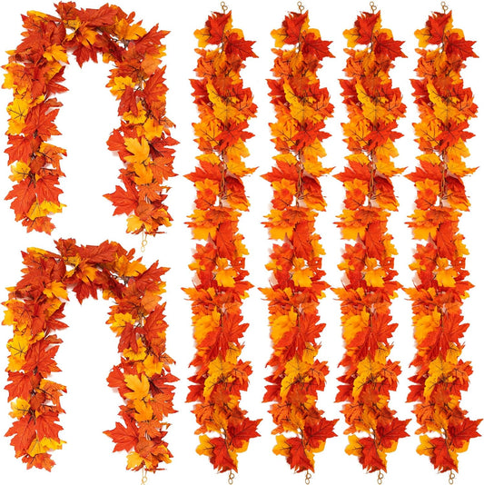 6PCS Yellow-Red Fall Maple Leaves Garland, 5.6Ft Artificial Maple Leaf Autumn Garland Hanging Fall Vines Table Decorations Front Door Fall Decor Thanksgiving Decorations Decor Outside Indoor Decor