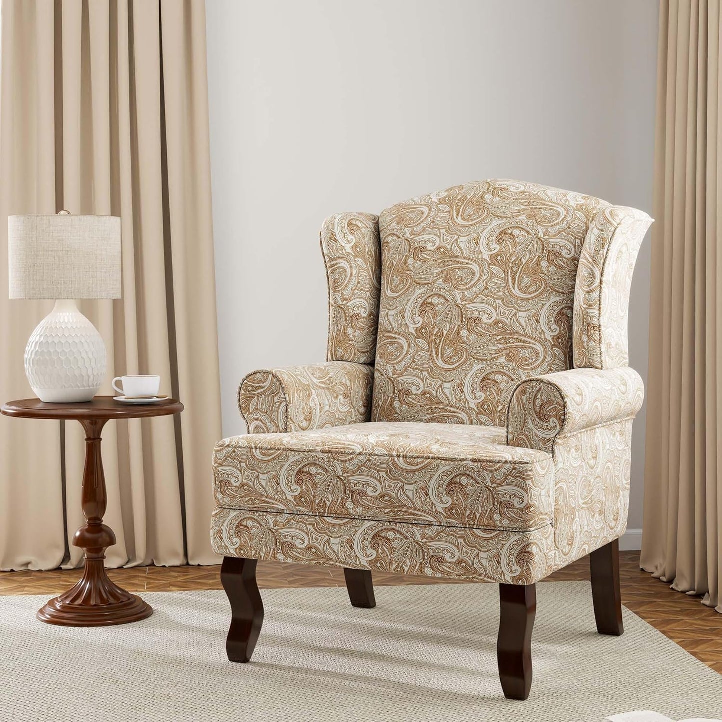 Accent Chair, High Back Upholstered Armchair with High Resilience Sponge & Wood Legs, Mid-Century Modern Comfy Single Sofa Reading Chairs for Living Room, Bedroom (Floral Sand, Set of 1)