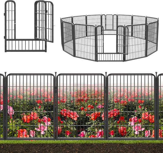 Decorative Black Metal Garden Fence, 27ft(L) 32in(H) 12 Fence Panels No Dig Fence Rustproof Animal Barrier Garden Fencing Temporary Fencing Dog Fence Outdoor