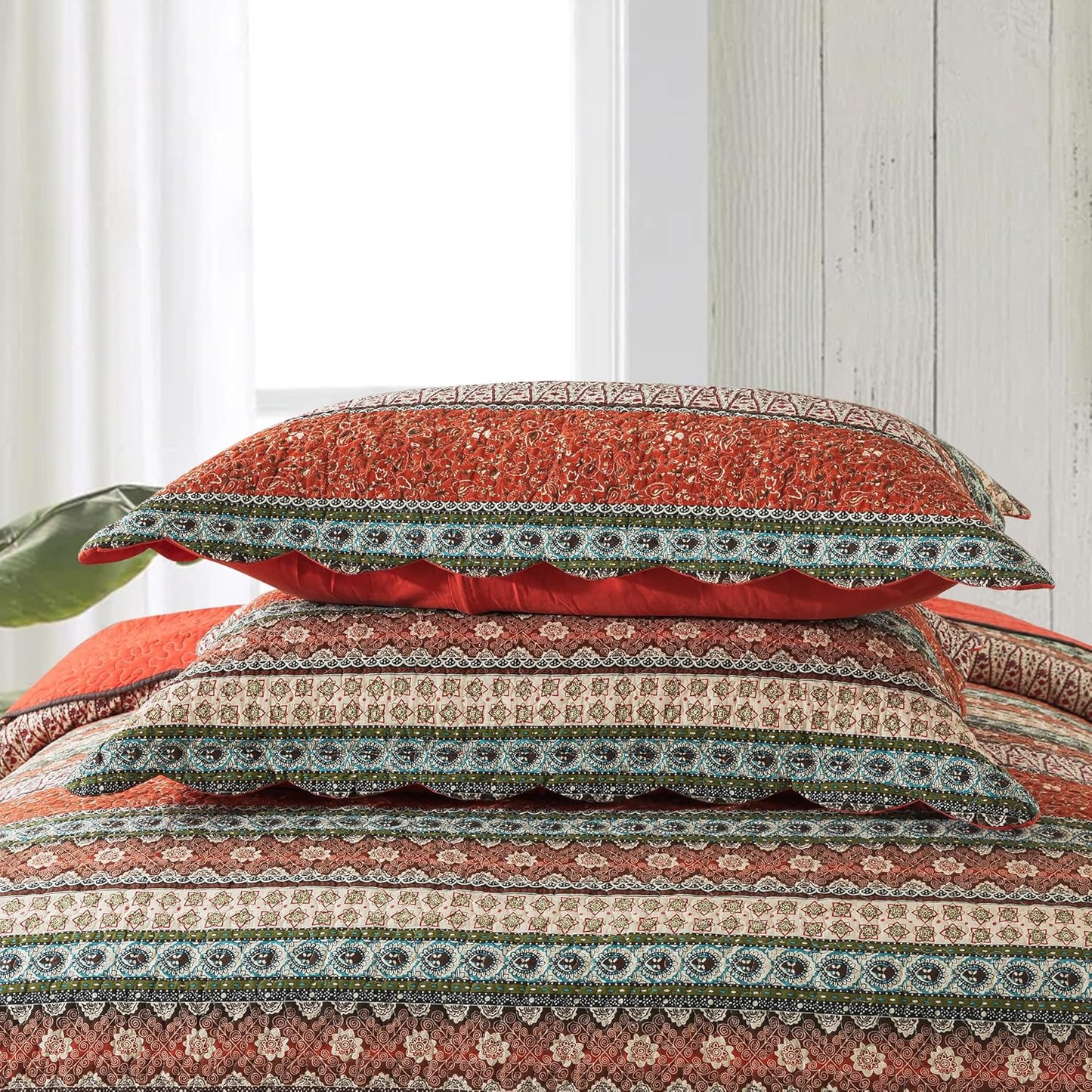 NEWLAKE Cotton Bedspread Quilt Sets - Reversible Patchwork Coverlet Set, Red Striped Jacquard Pattern, Oversized King Size