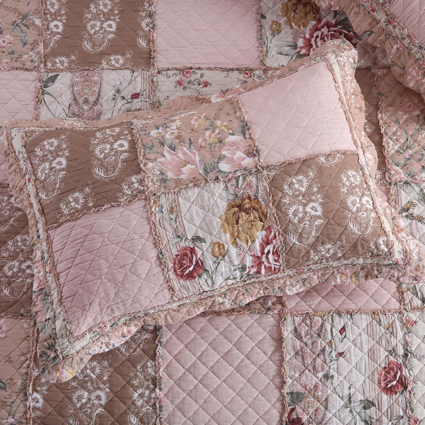 NEWLAKE Quilt Set Queen Size, Cotton Patchwork Pink Floral Quilt Sets, Real Stitched Embroidery Bedspread Lightweight and Breathable for All Seasons, Soft Quilted with 2 Pillow Shams