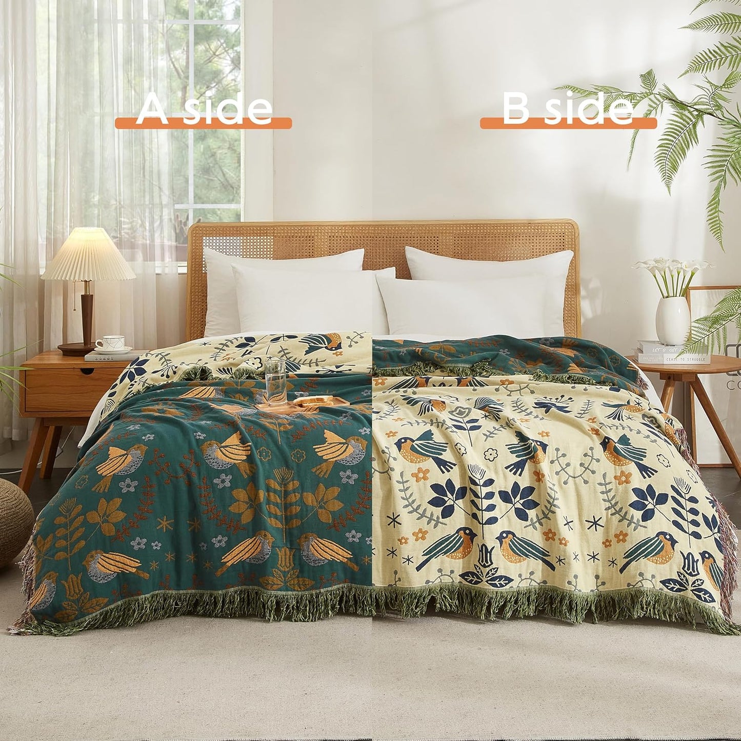 Boho Throw Blanket for Bed 60”x80”, 100% Cotton Woven Blanket for Couch Sofa, Ultra Soft 4-Layer Muslin Quilt with Bird Floral Printed, Farmhouse Bed Blanket/Cover for Living Room Decor