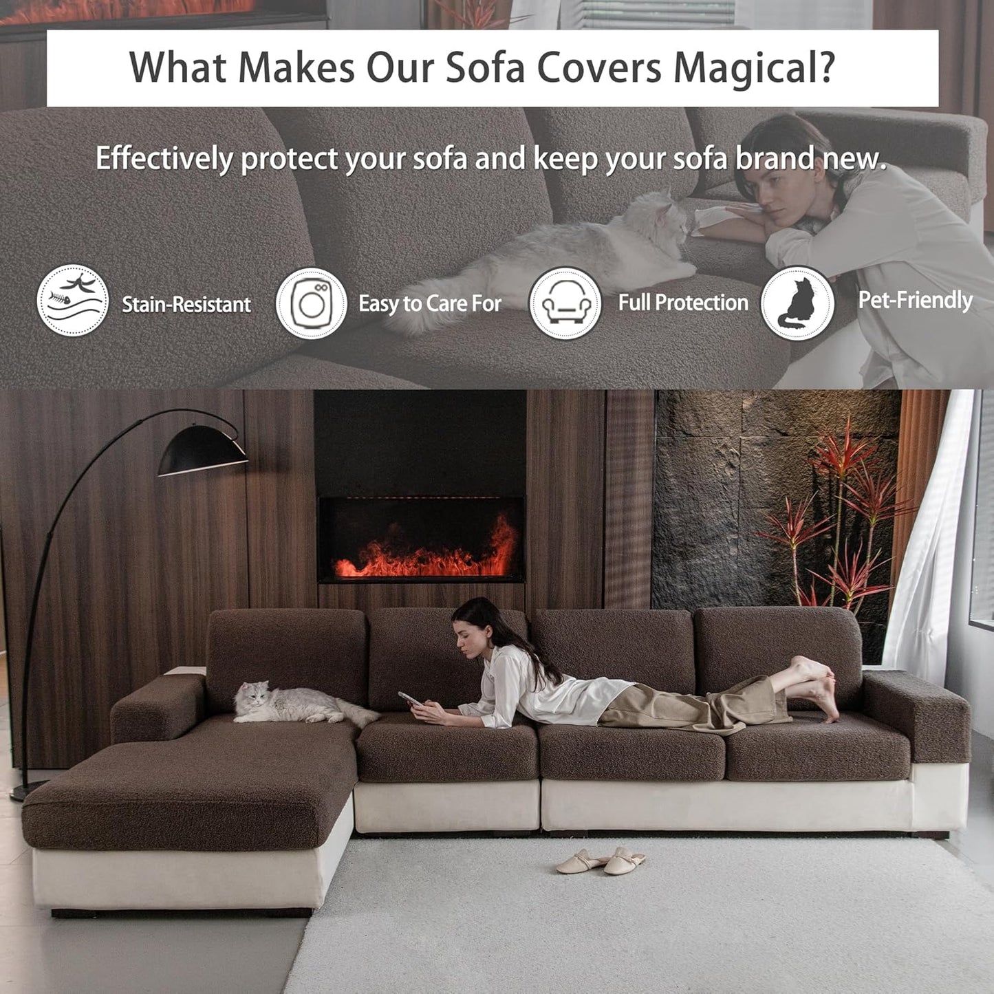 Couch Cushion Covers for Sectional Sofa, Stretch Soft Sofa Slipcovers Washable Wear-Resistant Universal Furniture Protector for Living Room(3 Seaters Covers, Brown)