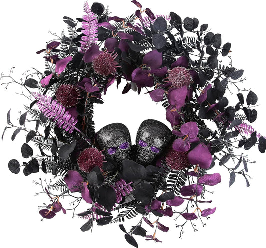 20" Halloween Wreaths for Front Door, Black Glitter Skulls Purple Eucalyptus Leaves Halloween Horror Decor, Gothic Party Room Decoration