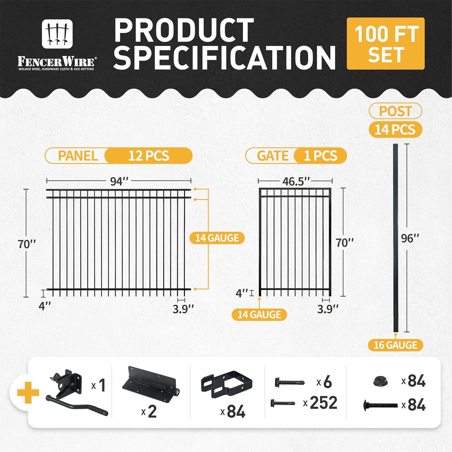 Fencer Wire 100FT Heavy Duty Flat Top Fence Barrier Kit, Anti-Rust Metal Steel Fence with 6FT Height X 8FT Width Panels, Gate, Posts, Connectors, 2” Diameter Outdoor Fencing for Yard, Pool, Patio