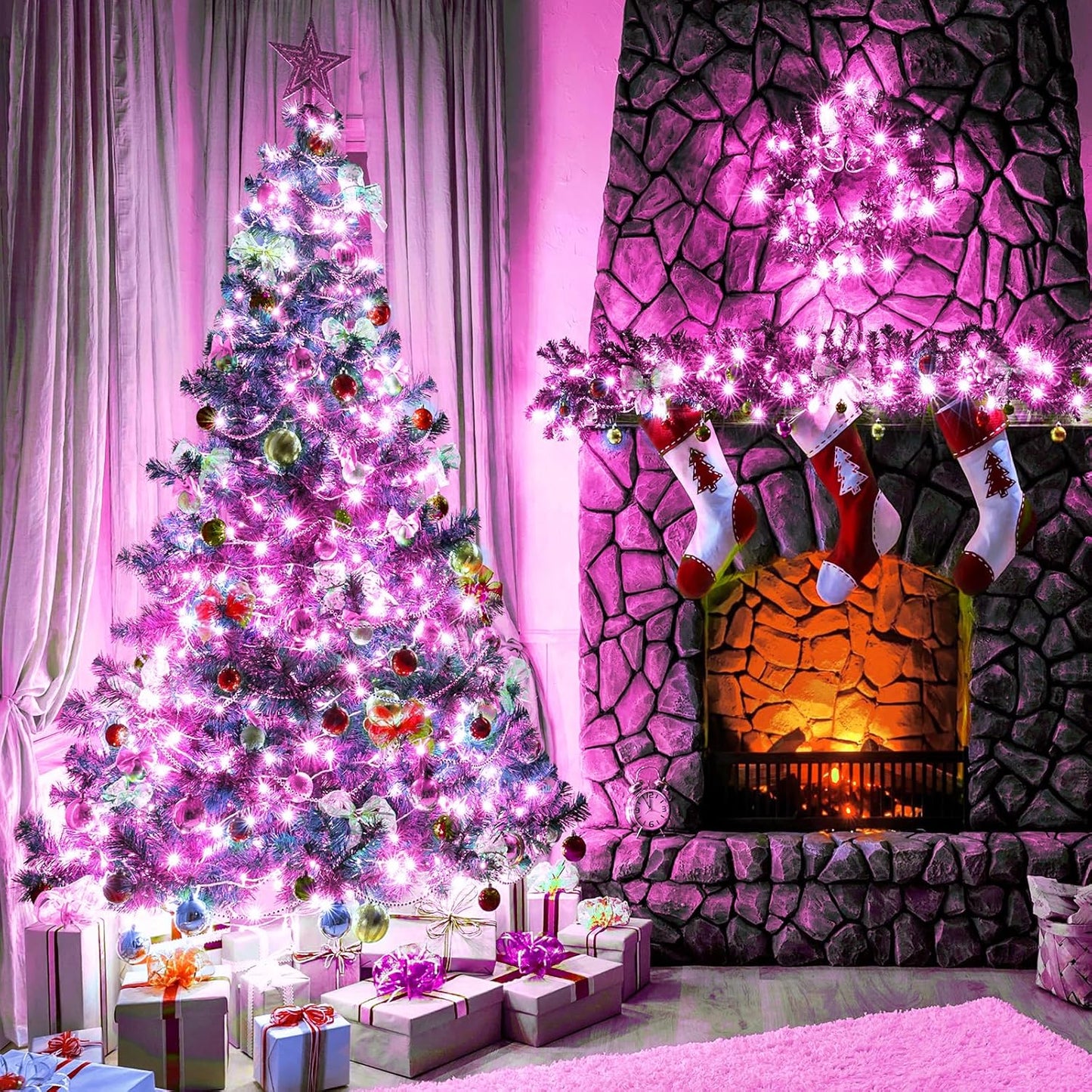 100FT 300 LED Christmas Lights Outdoor, Green Wire Christmas Tree Lights with 8 Modes Waterproof, Connectable String Lights for Outside for Indoor Garden Patio Party Wedding Decorations, Pink