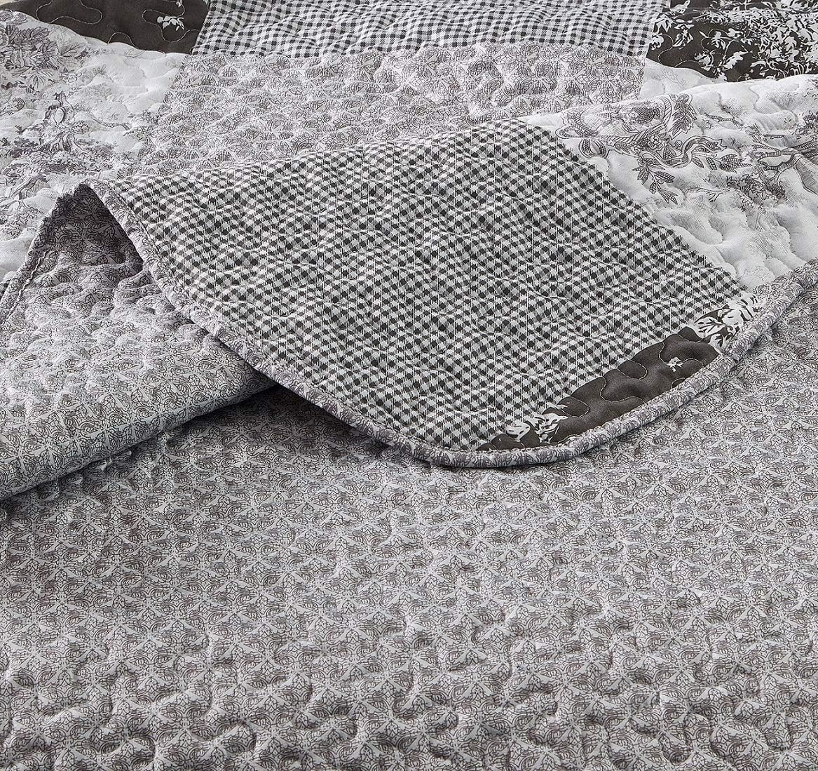 Brilliant Sunshine Grey Toile Floral Patchwork, 2-Piece Quilt Set with 1 Sham, Reversible Bedspread, Soft Lightweight Coverlet, All-Season, Twin, Grey