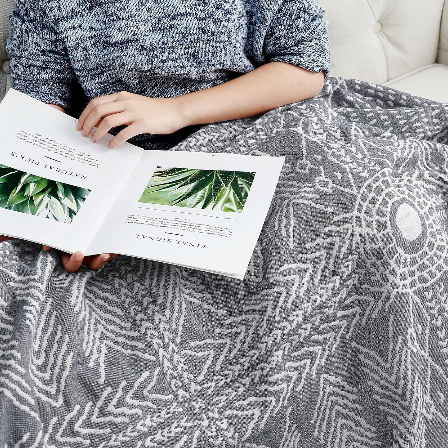 JINCHAN Boho 100% Cotton Muslin Blanket 3-Layer Twin Size Geometric Lightweight Reversible Soft Cozy Throw for Couch Sofa Bed All Season Coverlet Ideal Gift Bedroom Living Room Decor Grey 60x80 Inches