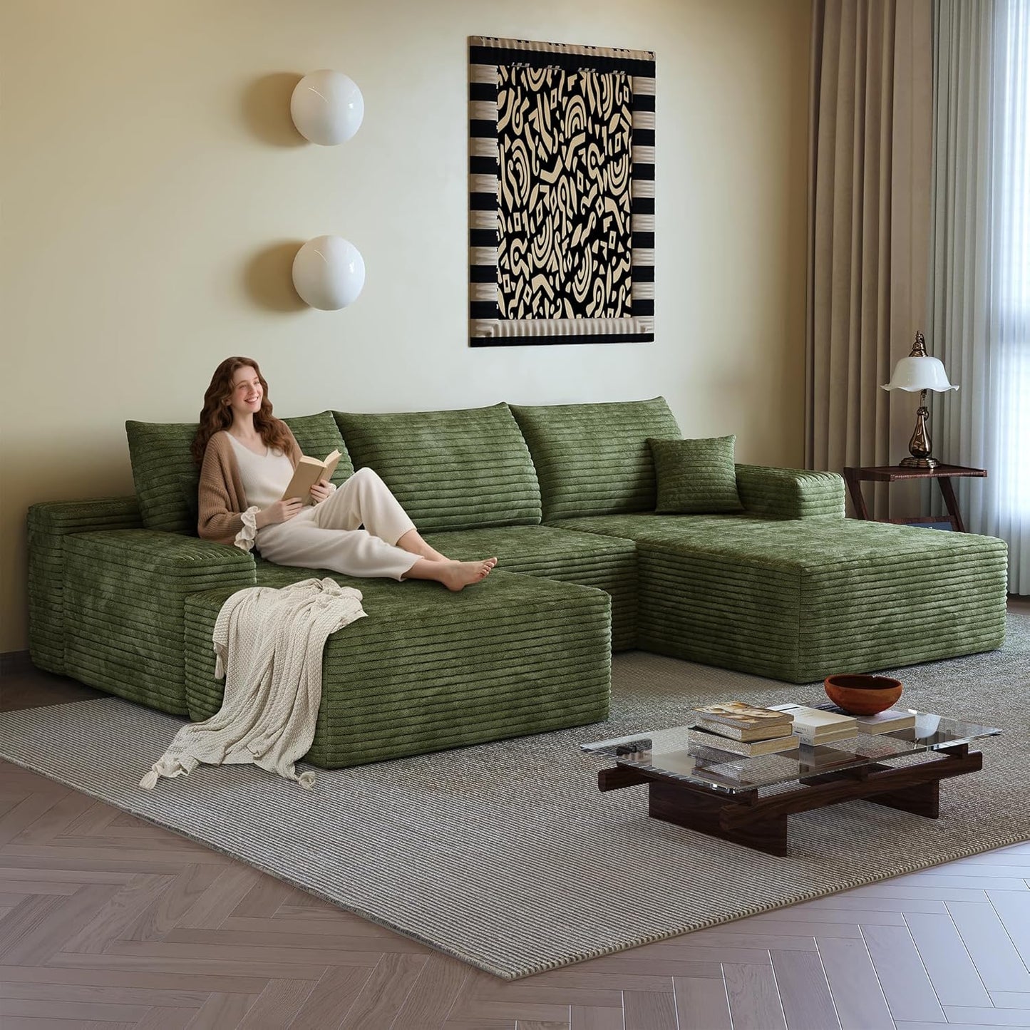 108" Sectional Couches for Living Room Modern Modular Sofa with L-Shape Couchs Upholstered Boneless Couch Deep Seat Sectional Couch with Chaise (Green, Right Facing Chaise+2Seaters+1Ottoman)