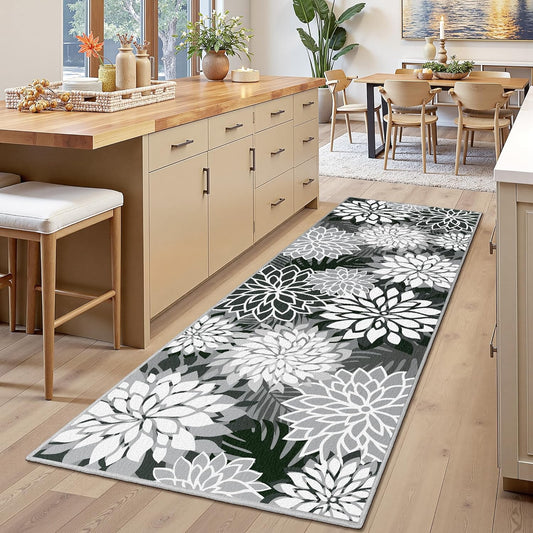 Area Rug 2x6 Black White Washable Entry Rug Multicolored Tropical Botanical Modern Floral Indoor Kitchen Door Mat Entrance Carpet Non Slip for Bedroom Living Room, Porch