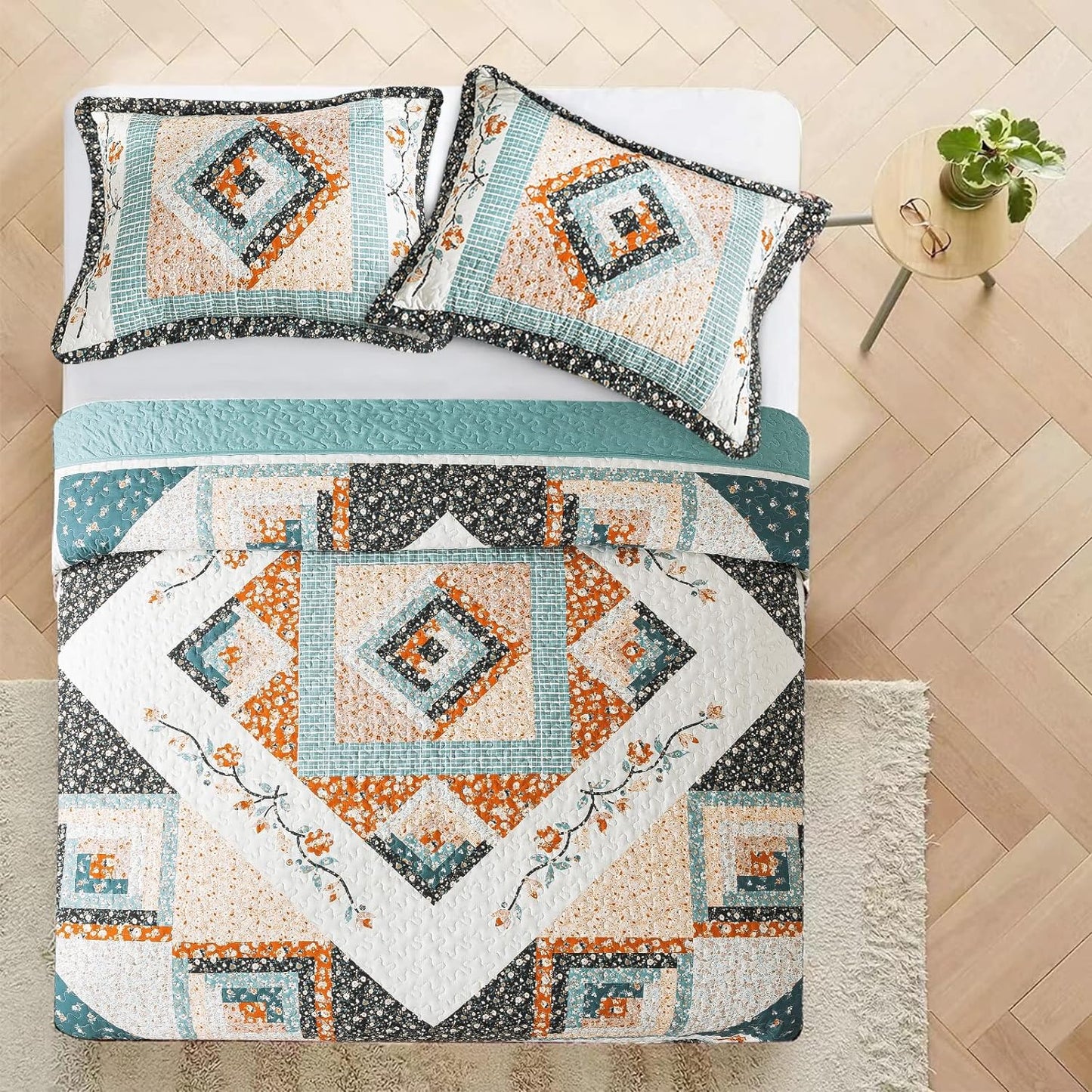 VAPUTAR Queen Size Bedding Set - 3 Pieces, Boho Quilt, Lightweight Reversible Coverlet Bedspread for Farmhouse Bedroom (Floral)