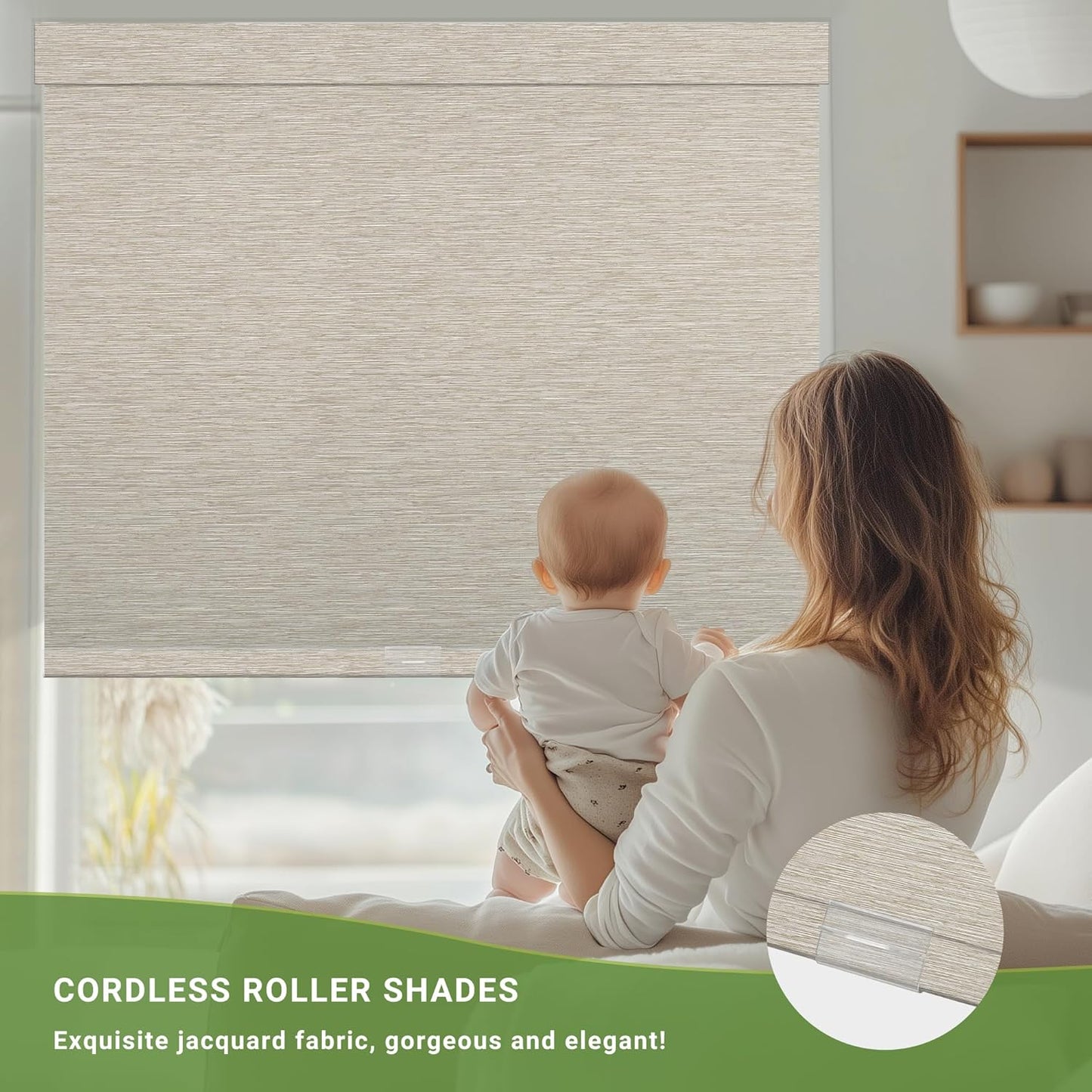 Blackout Roller Shades for Indoor Windows, Cordless Jacquard Fabric-Matched Roller Blinds, Easy to Install Privacy UV Protection Roll Up Blinds for Home Office, Beige, Custom Size
