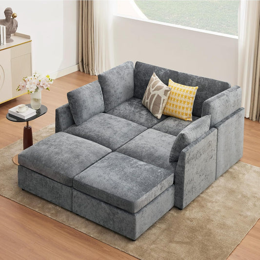 Tbfit U Shaped Couch, Sectional Sofa for Living Room,Chenille Cloud Couch with Ottoman 6 Seat, Grey