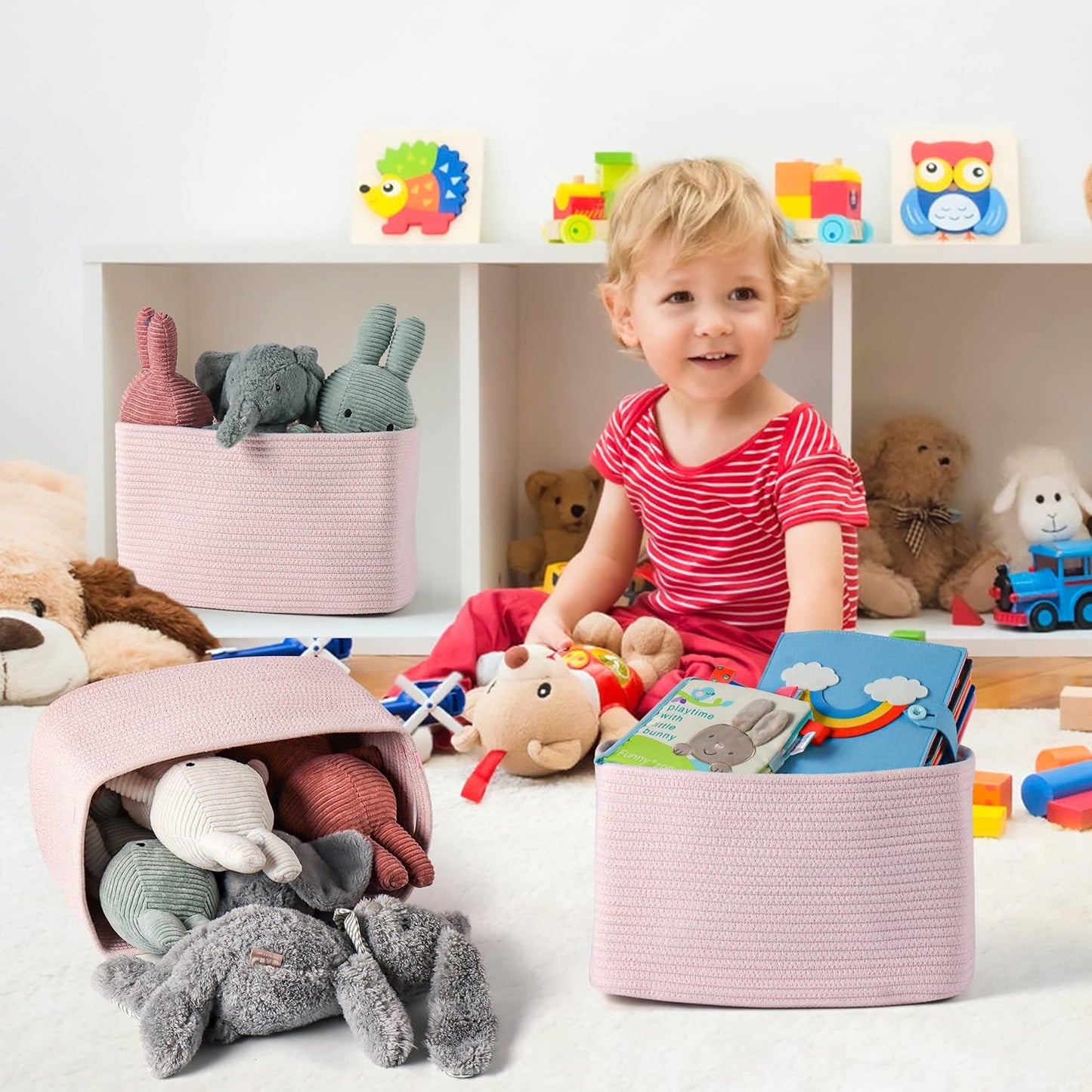 Cotton Rope storage Basket Bins Woven Basket for Organizing Shelves Rectangle Decorative Baskets For storage Clothes Toys Books Towels Square Wicker Nursery basket organizer 3 pack light pink