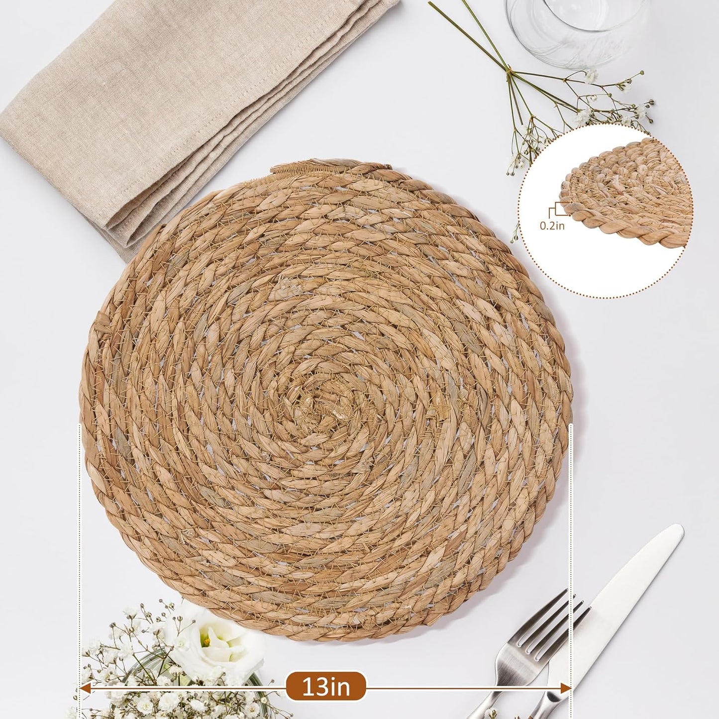 Defined Deco Woven Placemats Set of 10, 13" Round Rattan Placemats,Natural Hand-Woven Water Hyacinth, Farmhouse Weave Place Mats, Rustic Braided Wicker Table Mats for Dining Table, Home, Wedding