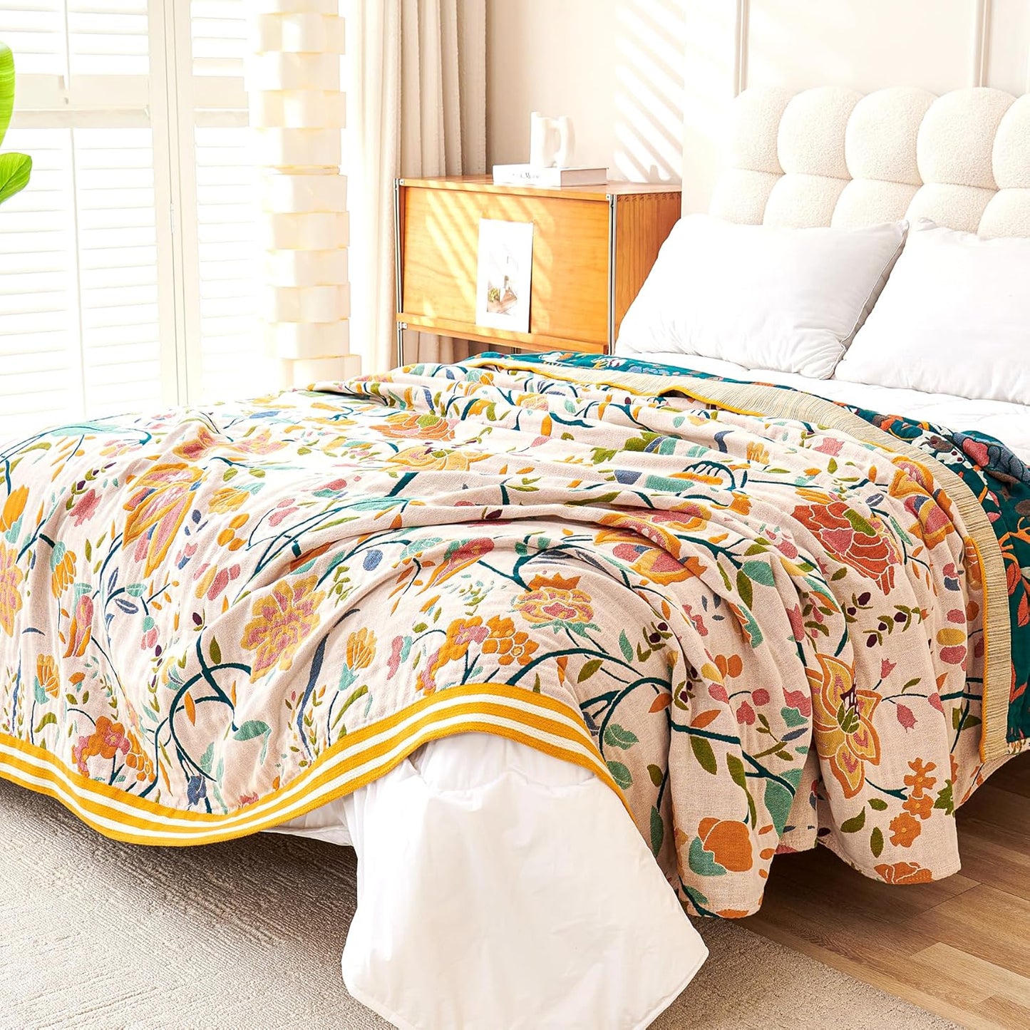 Boho Throw Blanket, 100% Organic Cotton Breathable Ultra Soft 80" x 90" Bed Quilt Throw - All Season Floral Rustic Farmhouse Decor Luxury Reversible Blanket for Sofa Couch Chair and Gift