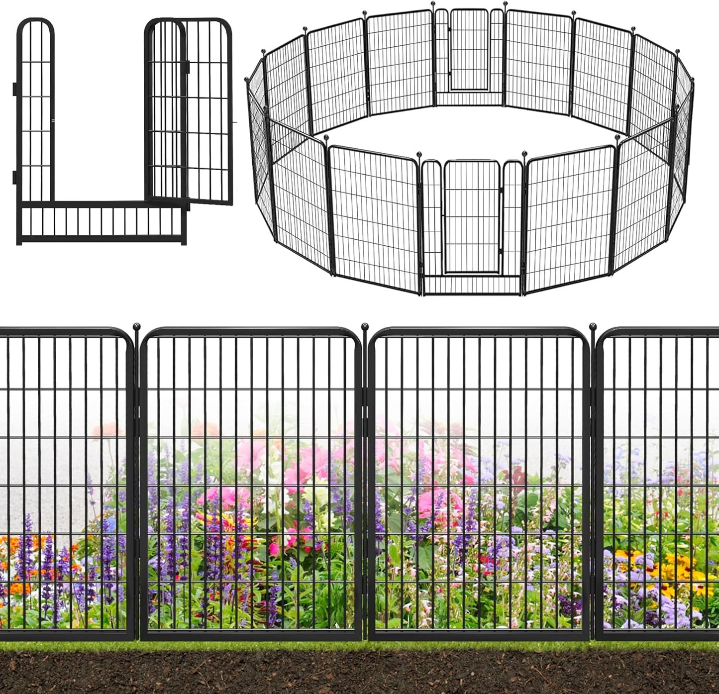 Decorative Black Metal Fencing Garden Fence with Gate, 36ft(L) 40in(H) 16 Fence Panels No Dig Fence Rustproof Animal Barrier Fence Temporary Dog Panels Fencing Outdoor
