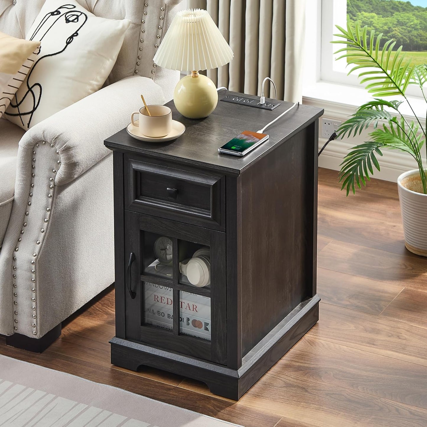 Farmhouse XXL End Table with Charging Station, Side Table with USB Ports and Outlets, Nightstand with Drawer and Glass Door Storage, Grey Bedside Tables for Living Room, Bedroom, Office