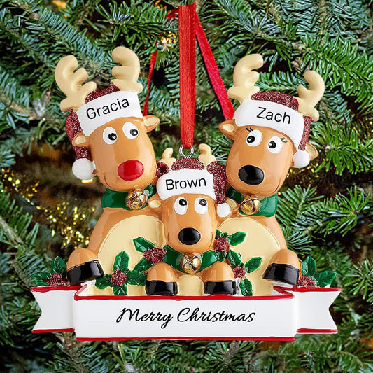Personalized Christmas Ornaments 2025, Custom Reindeer Family Ornaments for Trees with Names, Handcrafted Christmas Deer Decorations for 2-8 Members, Meaningful Xmas Family of 3