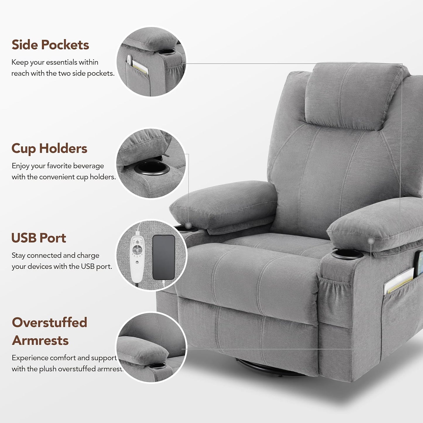 Swivel Rocker Recliner Chair with Heat and Massage, 360 Degree Swivel Recliner Chair with Cup Holders and USB Port, Big Oversized Rocking Single Sofa for Living Room (Fabric, Grey)