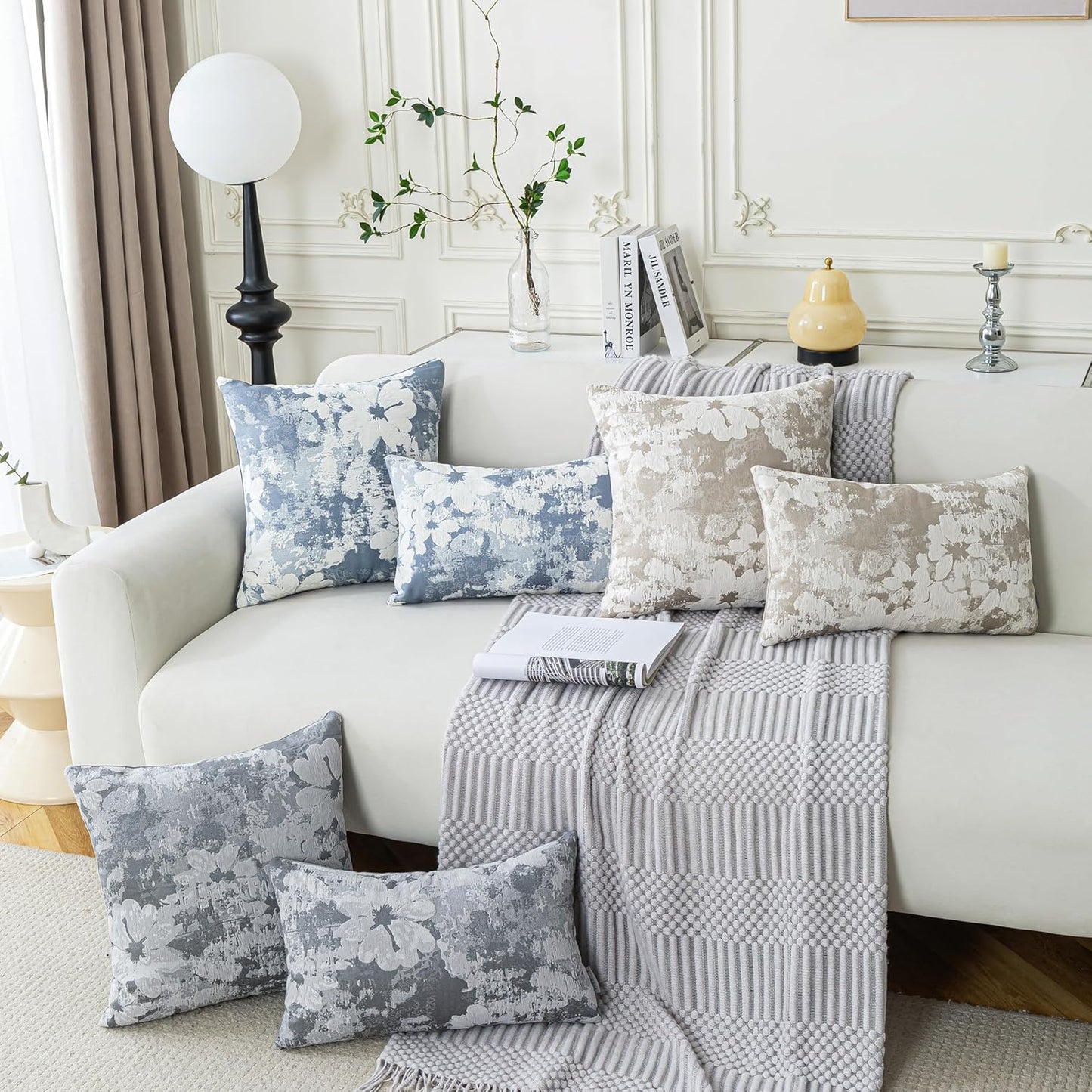 Jacquard Throw Pillow Covers 18x18 Inch Set of 2 - Vintage Floral Boho Pillow Cases with Botanical Pattern | Farmhouse Decor for Couch Living Room | Soft Textured Neutral Trio Dusty Blue 18" x 18"