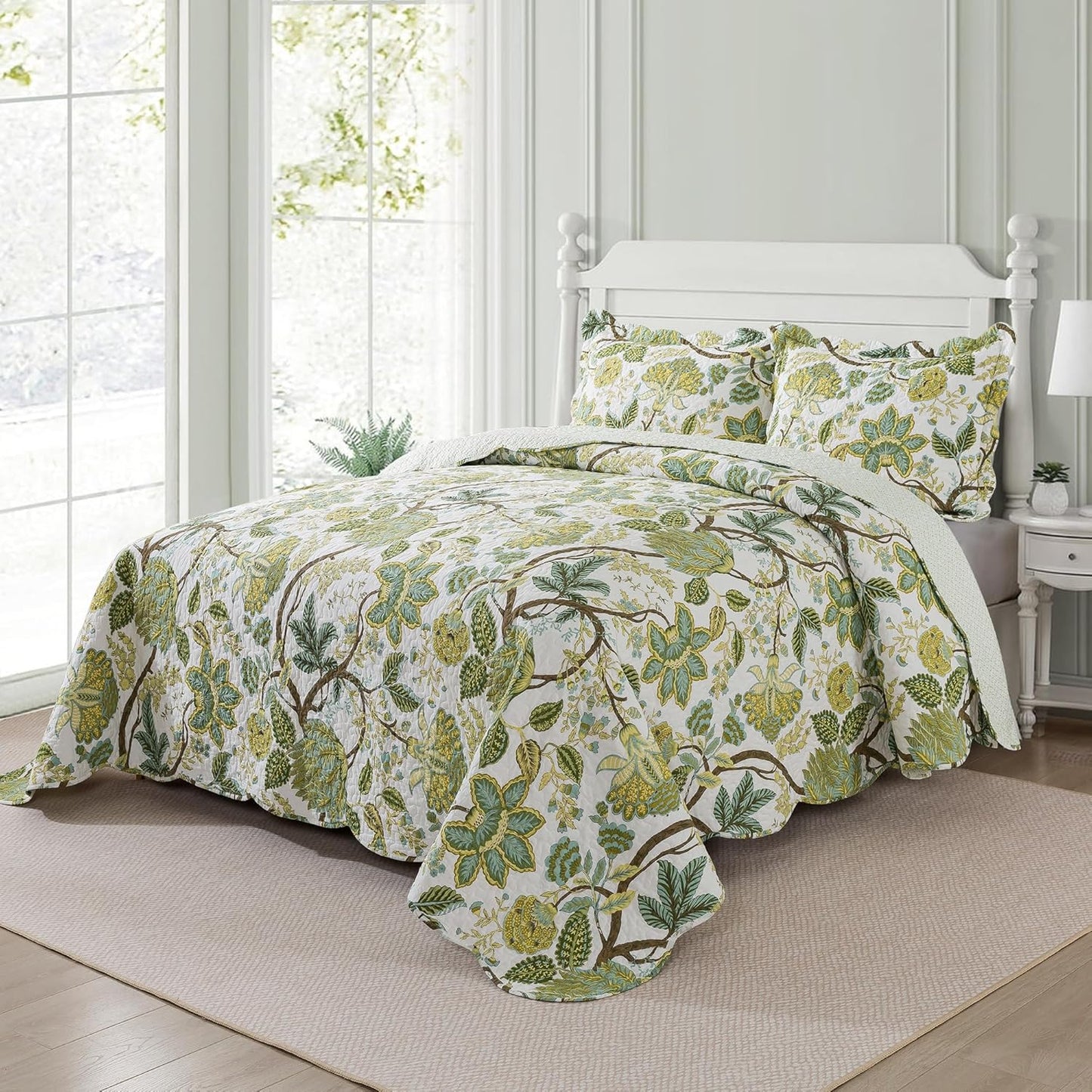 NEWLAKE Cotton Bedspread Quilt Sets - Reversible Patchwork Coverlet Set, Floral Vine Pattern, King Size