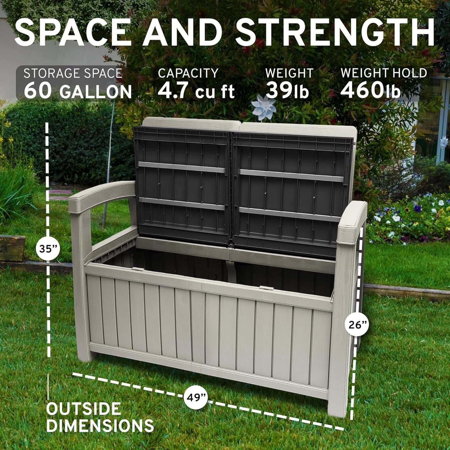 EconoHome 2 Seat Outdoor Storage Bench with Rain Cover - 60 Gallon Capacity - Weatherproof Resin Bench for Patio, Porch, Garden, Yard, Pool Area - Furniture for Pool Accessories, Gardening Tools