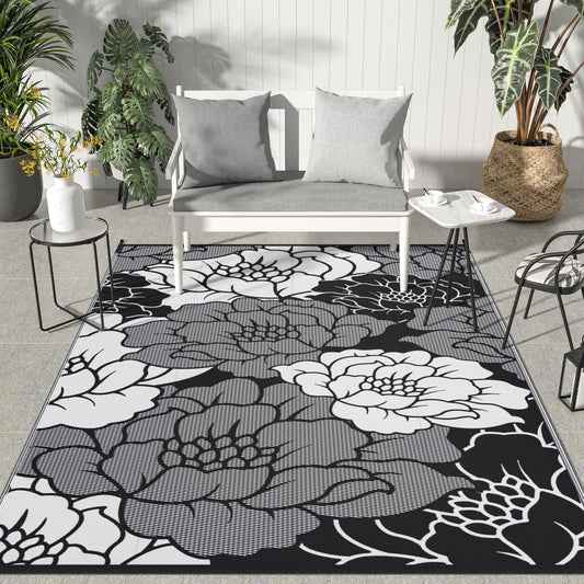 GENIMO Outdoor Rug Waterproof for Patio Decor, 8' x 10' Reversible Plastic Straw Floral Camping Carpet, Large Area Rugs Mats for RV, Camper, Deck, Balcony, Porch, Beach, Picnic, Mix-Black & White