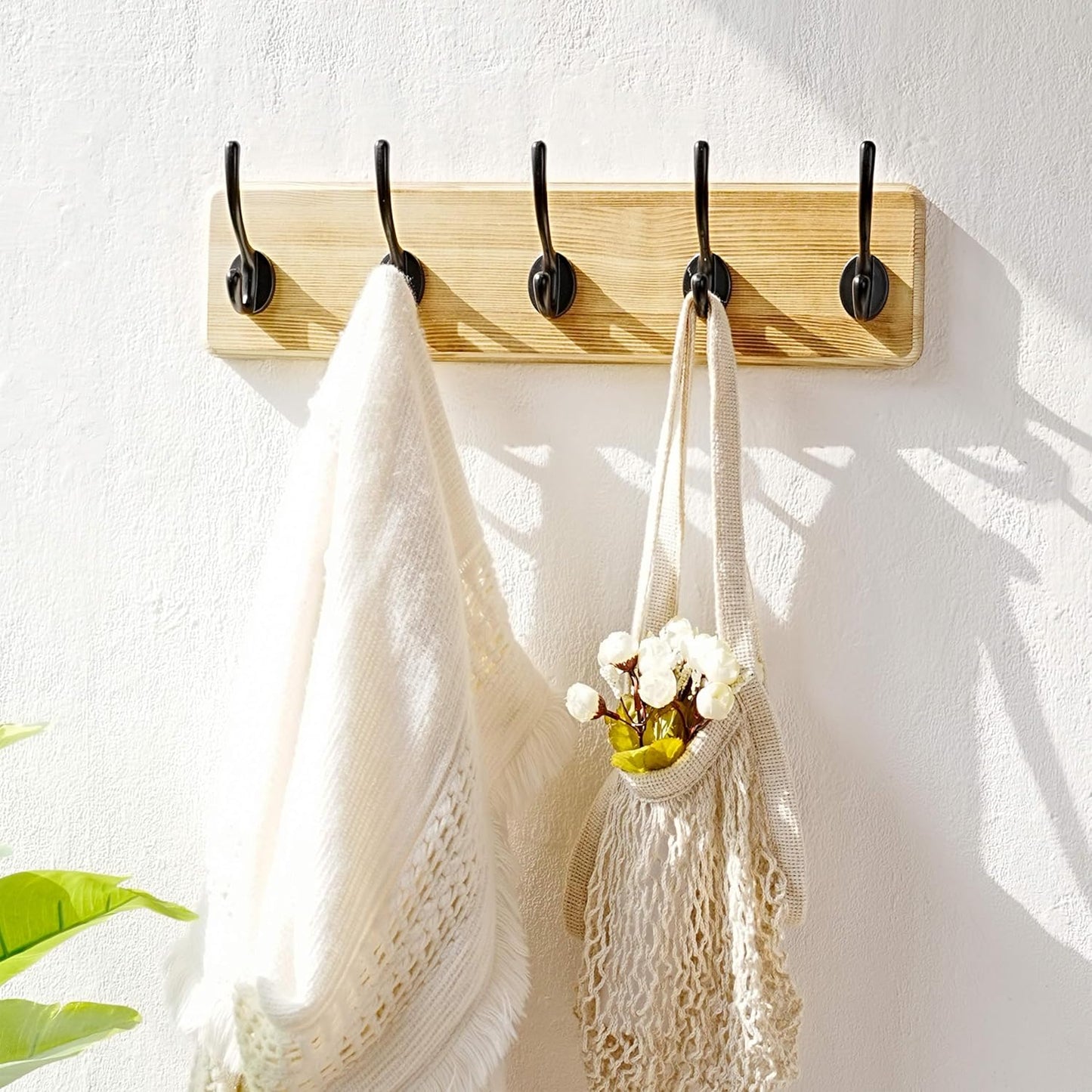 Dseap Coat Rack Wall: Patented, Heavy-Duty, 5-Double-Hooks Wooden Wall Mounted Coat Rack Coat Hanger Hook Rail for Winter Coats Hat Jacket Clothing, Light Brown, Pack of 2