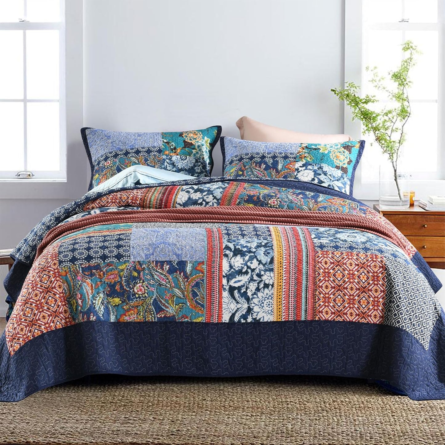 Secgo California King Quilt Size - 100% Cotton Oversized California Comforter Set Bedding Sets (120 * 110 Inch) with 2 Pillow Shams, Patchwork Reversible Lightweight Bedspread
