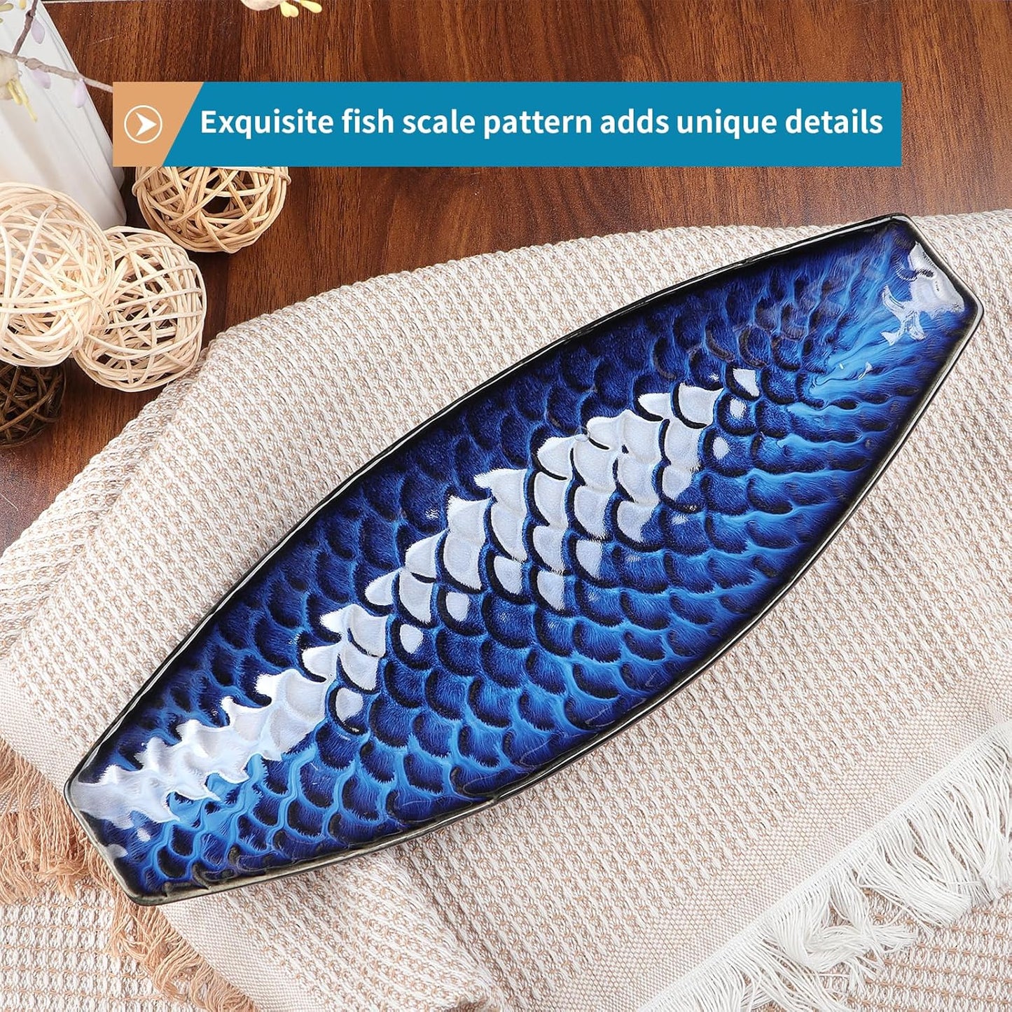 16" Large Ceramic Decorative Tray, Long Boat Shaped Centerpiece Bowl, Multipurpose Serving Platter for Home, Party Decor or Sushi, Fruits, Desserts (Blue)
