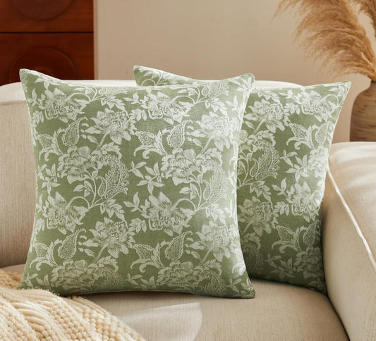 Floral Jacquard Throw Pillow Covers Set of 2, Background/Green 20x20 Inch, Farmhouse Decorative Cotton Sage Green Cushion Covers for Sofa Bed Living Room Home Decor