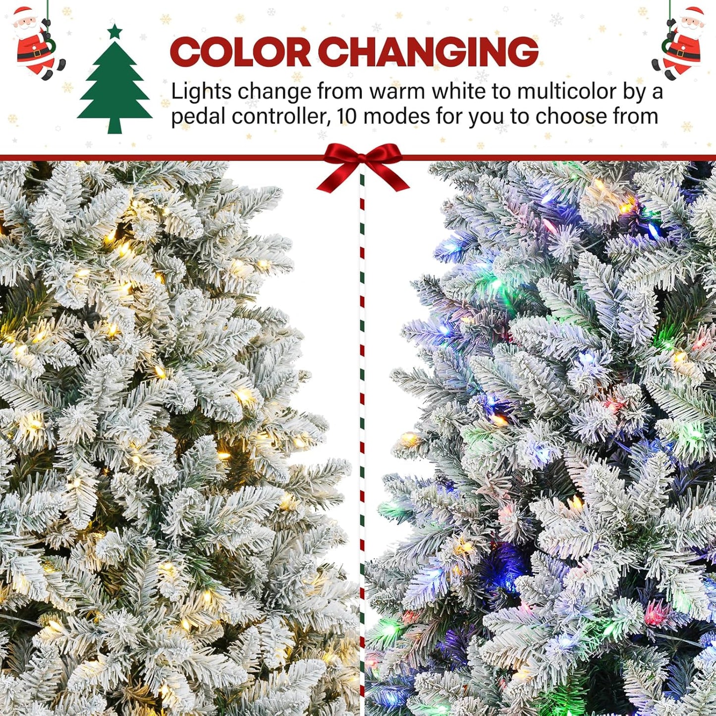 7.5ft Lighted Snow Flocked Christmas Tree, 450 Multicolor LED Lights, Artificial Christmas Tree with 1446 Branch Tips, Metal Stand & Hinged Branches for Decoration, 10 Modes