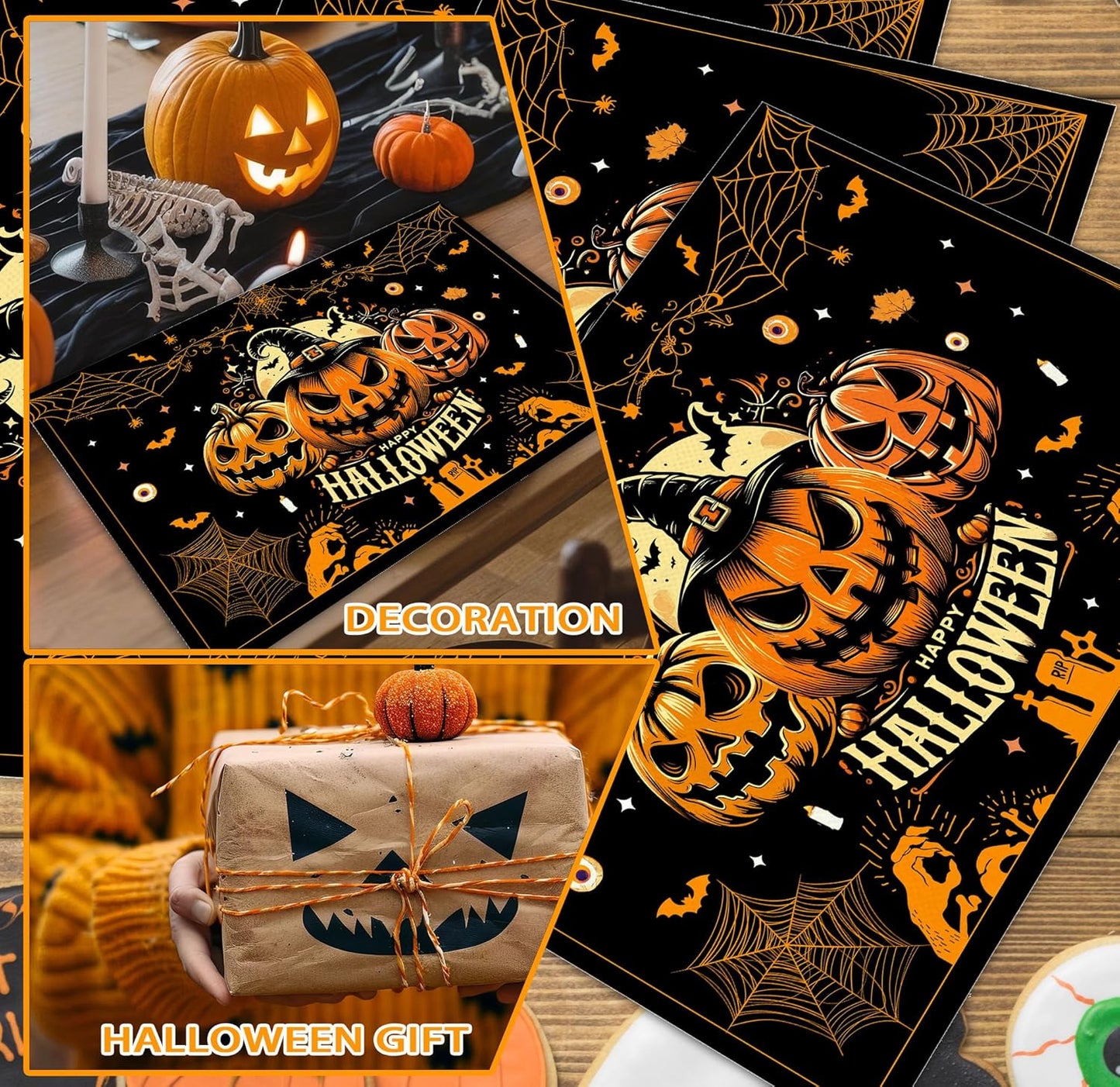 Halloween Spooky Placemats Set of 4, 12x18 Inch Pumpkin Bat Table Mats, Washable Heat Resistant Place Mats for Kitchen Dining Table, Halloween Themed Decoration for Home-B05