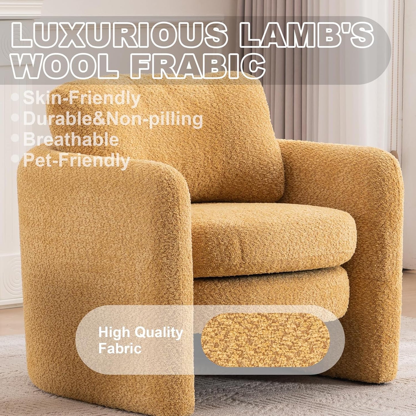 Chenille Accent Armchair Oversize Upholstered Barrel Comfy Modern Round Lounge Sofa Chair with Pillow Cozy Reading Chairs for Apartment,Office,Living Room,Dining,Makeup,Club,Yellow 2SET