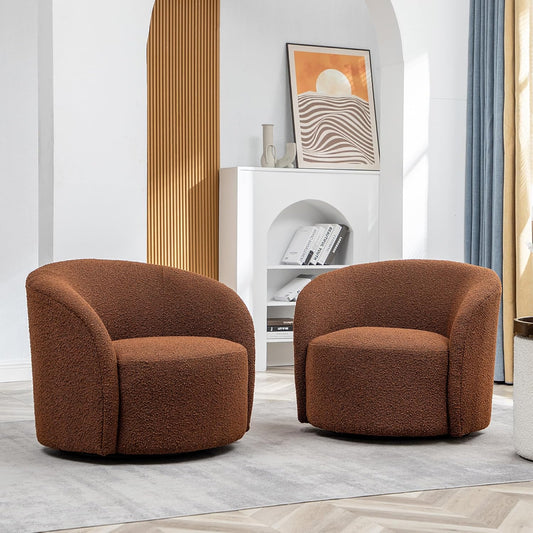 KINWELL 34" W Swivel Barrel Chair Set of 2, Mid Century Modern Round Upholstered Boucle Swivel Accent Chairs, No Assembly Sofa Chair for Living Room Bedroom Reading, Brown
