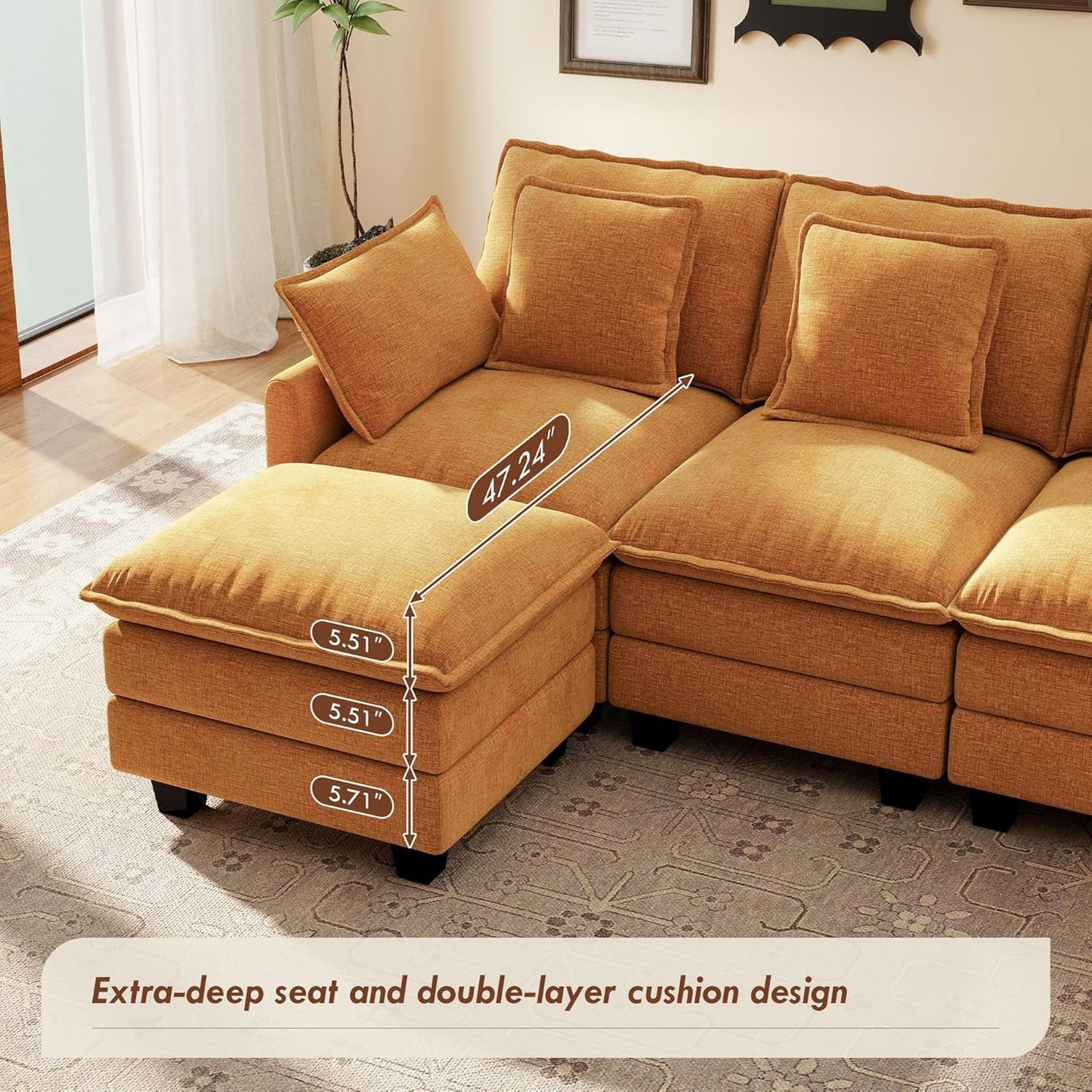 Ihanherry 106" L Shaped Modular Sectional Cloud Sofa, Modern 6 Seat Chenille Couch with Ottoman for Living Room, Bedroom and Apartment, Orange