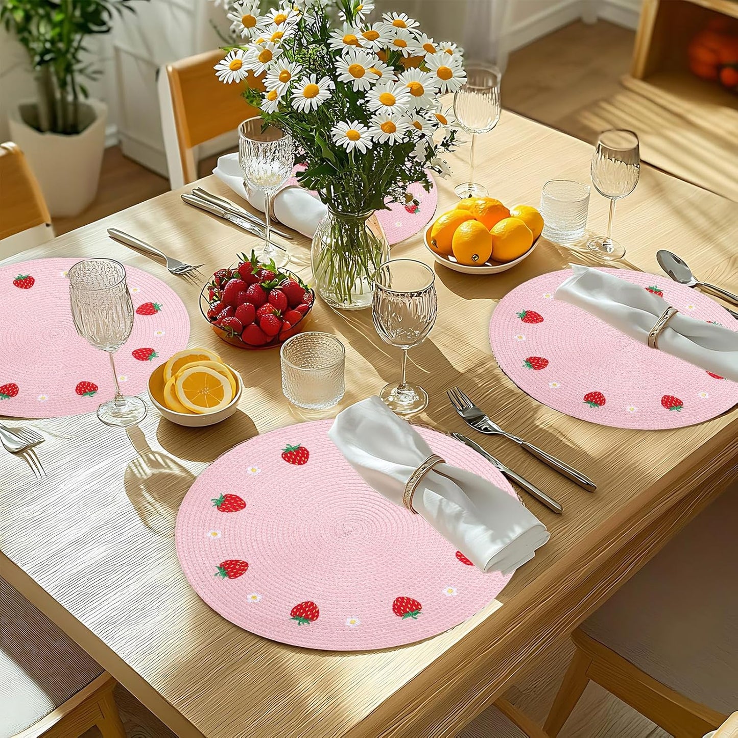 Whaline 4Pcs Round Placemats Daisy Strawberry Embroidered Place Mats Summer Strawberry Dinner Table Mats for Home Wedding Baby Shower Birthday Party Decor
