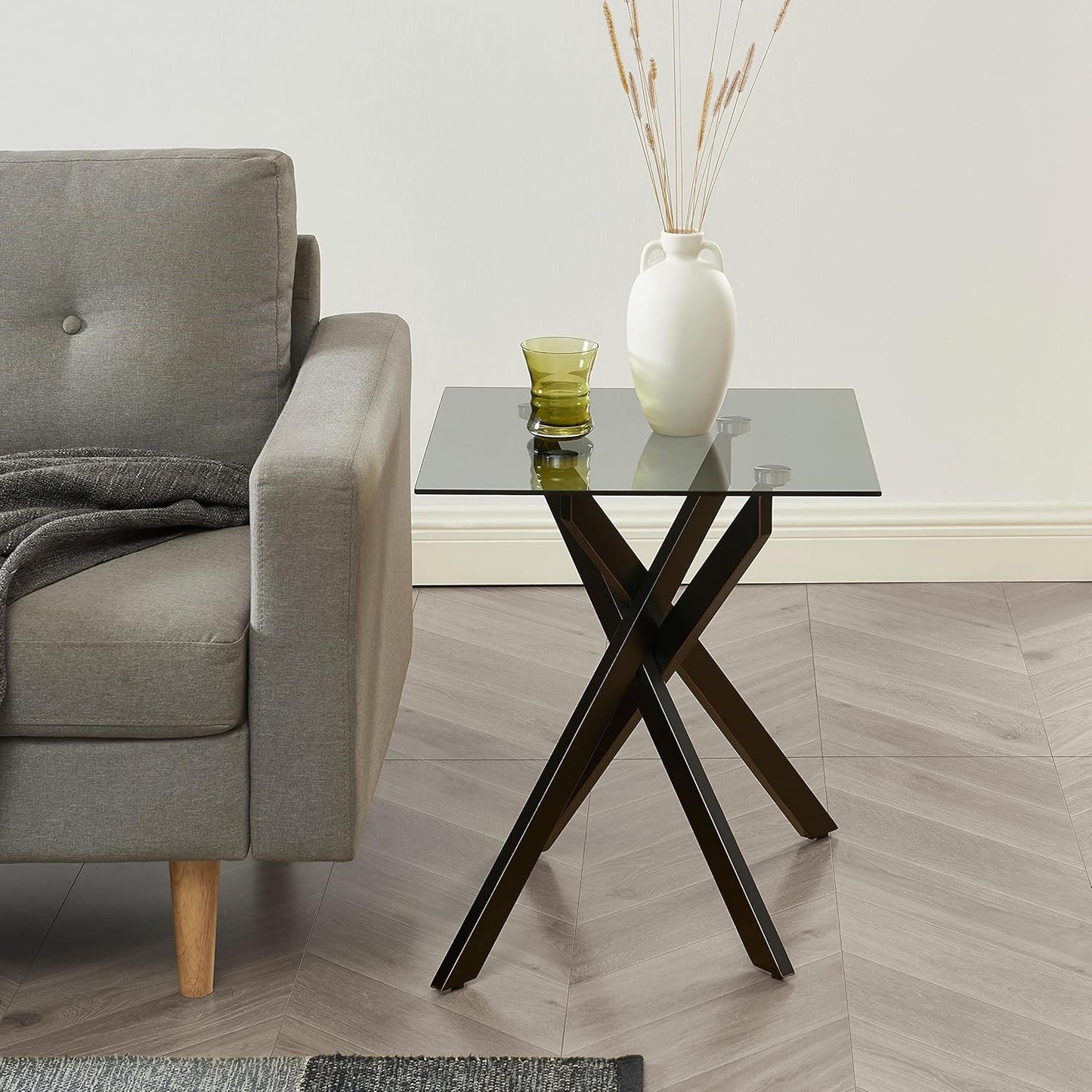 Modern Style Square Side Table with Grey Tempered Glass Top and Black Metal Tubular Legs with Gold Rim 20”Dx20”Wx22”H