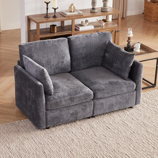 Tbfit 59" Loveseat Sofa, Chenille Small Sofa Couch, Love Seat with 2 Pillows for Small Space, Bedroom & Living Room, Grey