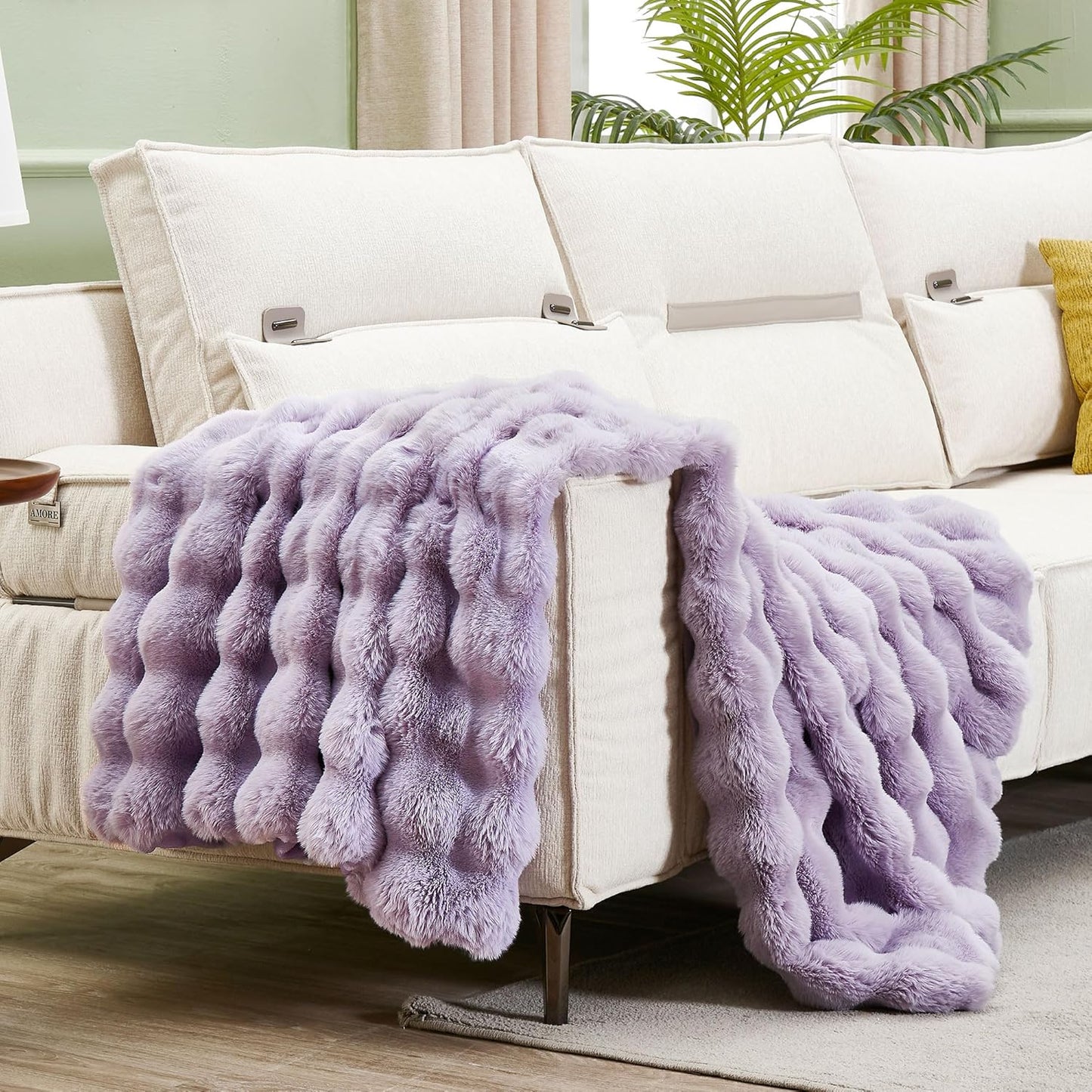 DREAMNINE Decorative Soft Fuzzy Faux Fur Throw Blanket for Couch Sofa 50" x 60", Reversible Plush Microfiber Thick Warm Fluffy Blankets for Winter, Cute Cozy Bubble Furry Blanket for Bed Chair, Purple