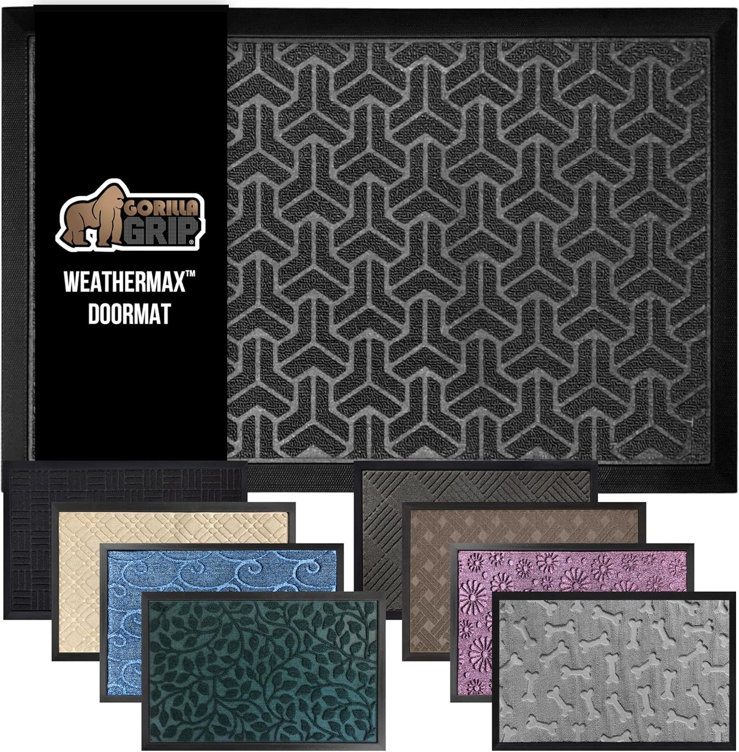 GORILLA GRIP 100% Waterproof All-Season WeatherMax Doormat, 72x24, US Designed Natural Rubber, Stain and Fade Resistant, Low Profile Indoor Outdoor Door Mats, Easy Clean Patio Mat, Slate Geometric
