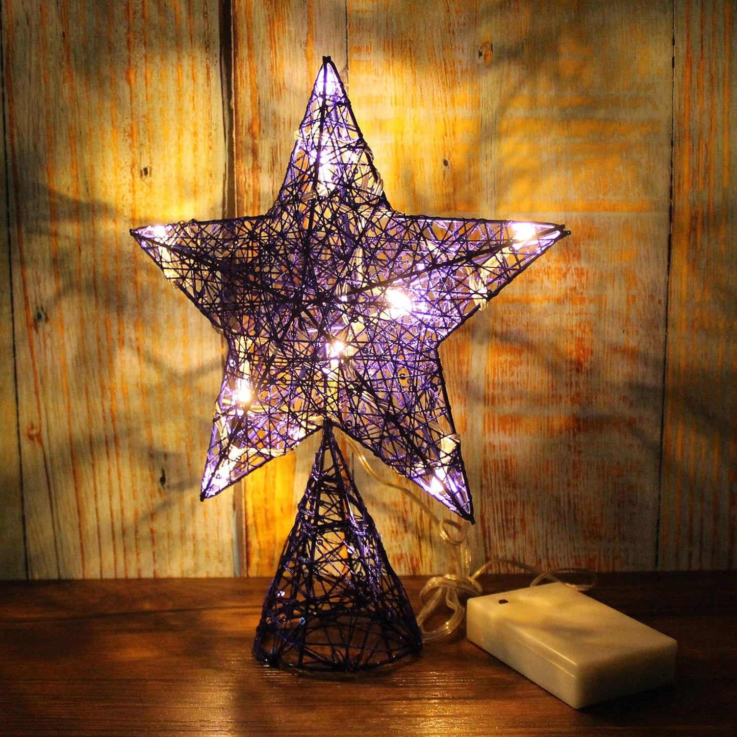 CVHOMEDECO. Blue Tree Top Star with Warm White LED Lights and Timer for Christmas Ornaments and Holiday Seasonal Décor, 8 x 10 Inch
