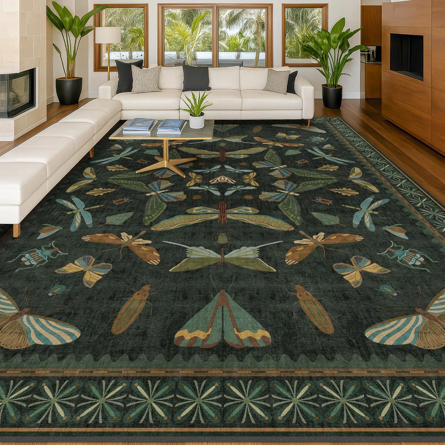 Forest Green Rugs for Living Room - 9x12 Big Rugs for Bedroom, Dining Room, Guest Room, Insect Moth Décor, Non Slip Low Pile